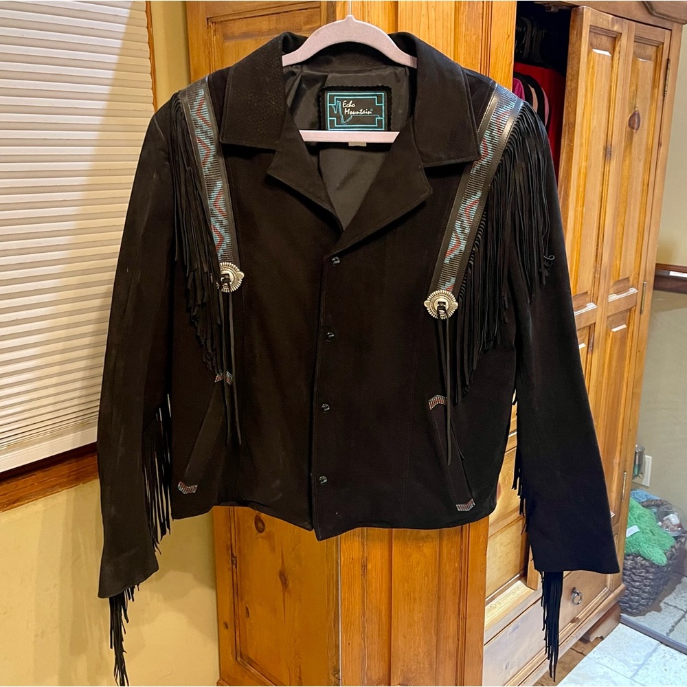 Echo Mountain Women’s  FringeBlack Leather Suede Native American Jacket Size S